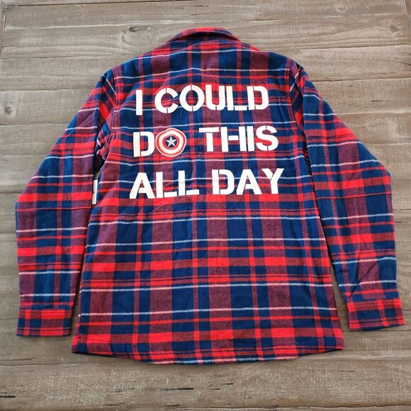 Disney Marvel Captain America Plaid Flannel Shirt Jacket Red & Blue Size S NWT - Picture 11 of 13